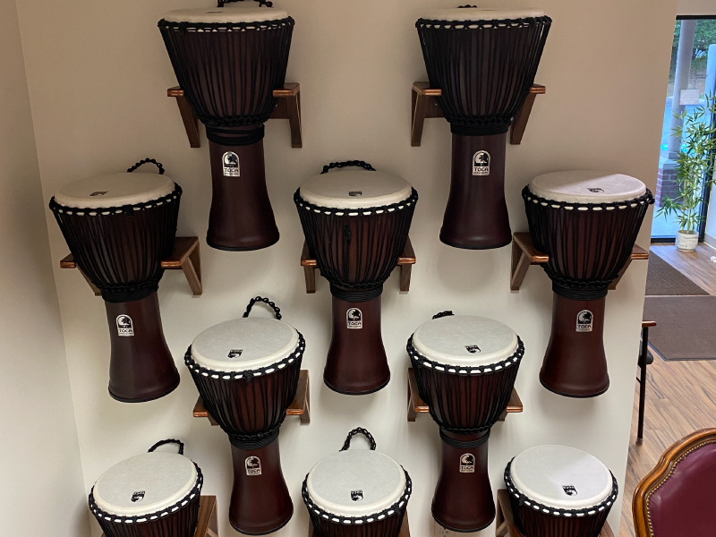 Drums hang on a wall in the Jana Marie Foundation offices
