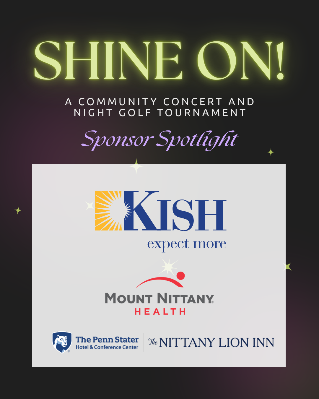 Image thanking sponsors of Glow Golf Tournament, featuring logos from Kish Bank, Mount Nittany Health, and The Nittany Lion Inn